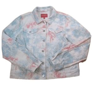 Guess Trucker Crop Jean Jacket Woman Large Blue Pink Pastel Marbled Button Nwot